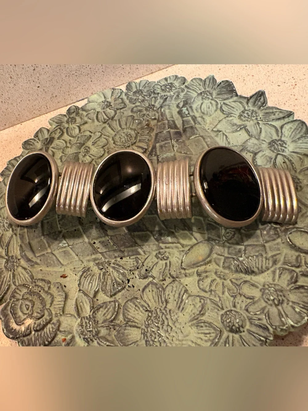 Massive Ben Amun Silver Onyx Black Stone Station Statement Cuff Bracelet